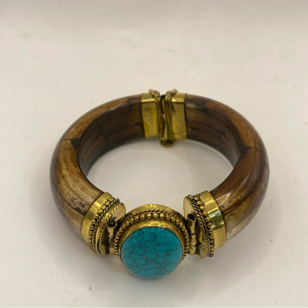 Southwest Turquoise Hinged Wooden Cuff Brass, Bracelet 7” - Picture 5 of 7